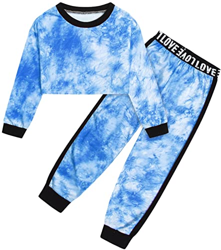 Betusline Girls Clothing Sets, 2 Pieces Pullover Crop Tops + Track Pants Cropped Sprign Outfits Sweatsuit Clothes Set, Blue Tie-dye, 11-12 Years = Tag 160
