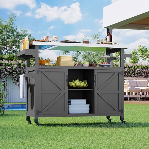 Outdoor Grill Cart with Storage Cabinet, Farmhouse Solid Wood Kitchen Island on Wheels, Outdoor Grill Table with Stainless Steel Table Top, Spice Rack, Towel Rack & Lockable Wheels for Kitchen, Grey