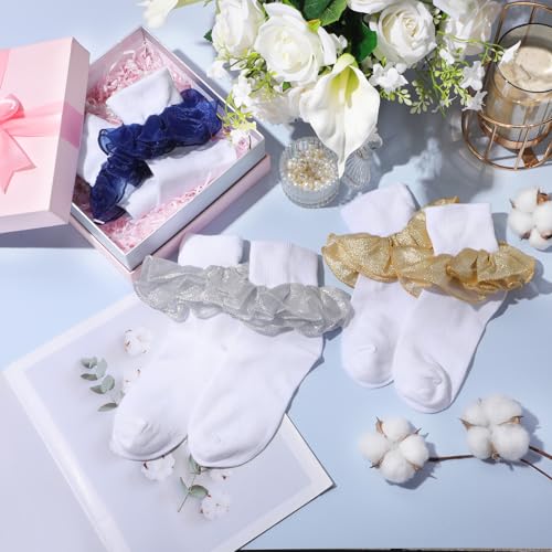 Image of Geyoga 3 Pairs Women Big Ruffle Socks Turn Cuff, Double Lace Ankle Cotton Frilly Socks for Ladies Summer
