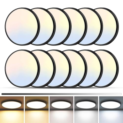 zemty 12Pack LED Flush Mount Ceiling Light, 12Inch 24W Dimmable Ceiling Lights Fixture, 5 Color Temperatures (3000K-6500K) Black Round Ceiling Lamp for Bedroom, Kitchen, Hallway,Bathroom