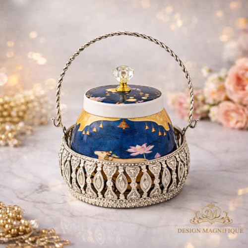 Image of German Silver Metal Basket with Pichwai Jars - Baby Shower Wedding Return Gift Hamper Basket for Dry Fruits, Nuts, Chocolates & Festive Gifting Diwali Puja