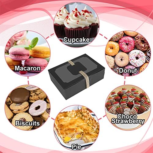 GOYADA 24 Pack Cookie Boxes with Window, 8x6x3in Black Brownie Boxes with Window, Cards and Twine, Empty Sweet Boxes Bakery Boxes for Packaging Chocolate Strawberries, Donuts, Cookies, Muffins, Pastry