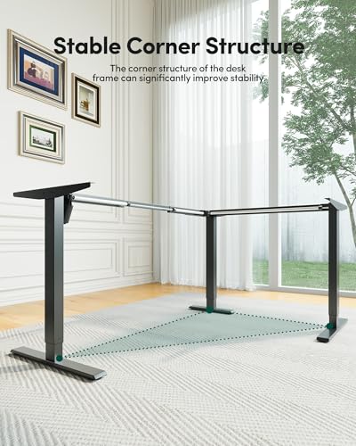 Image of FEZIBO L-Shaped Electric Standing Desk, 63 x 48 Inches Height Adjustable, Reversible Tabletop, Corner Desk with Drawers, Ergonomic Computer Table, Black Top