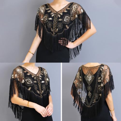 BEAMARKER Damen 1920s Schal Wickel Schwarz Pailletten Perlen Flapper Abendschals Elegant Kurz elet Umhang Cover Up Wraps Shrug Für Formelle Abendkleider Party Hochzeit Braut Brautjungfer e