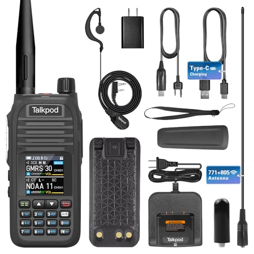 Talkpod A36SE GMRS Handheld Radio Long Range, Multi Band Walkie Talkie with 771 Aviation Antenna ＆ 805 Antenna, Type-C Rechargeable Battery, AM/FM Reception, NOAA, Two Way Radio with Earpiece (Black)