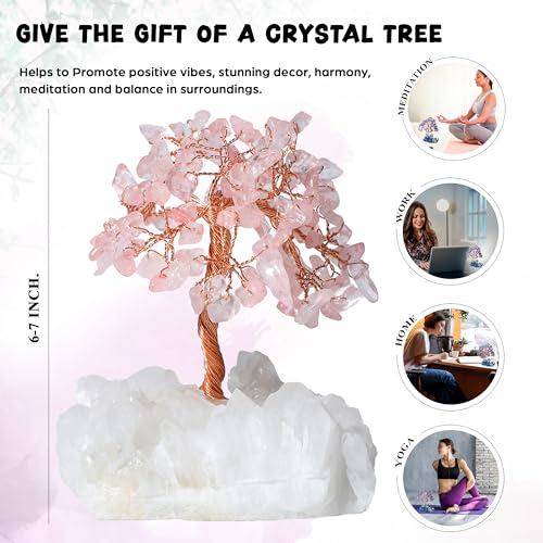 Image of Crocon Rose Quartz Crystal Tree with White Aura Base Tree of Life Decor | Bedroom, Birthday Gifts for Women, Mom Sister Gift, Healing Crystals Cute Home Office Decor Spiritual Housewarming Present