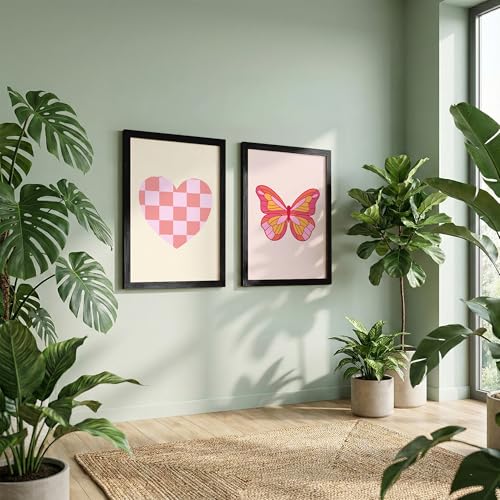 Image of NoWorries Pink Aesthetic Heart & Butterfly Wall Art Framed Painting Set | Cute Minimal Art Prints | Premium 300 GSM Paper Print with Synthetic Wooden Frame | Modern Wall Decor for Bedroom, Living Room, Girls Room & Studio (Set of 2) (BLACK, ART-3, 13X19INCHES)