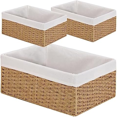 Vagusicc Wicker Storage Basket, 3-Pack Woven Paper Rope Wicker Baskets with Handles, Large Wicker Basket Cube Storage Bins with Liners, Storage Baskets for Organizing Shelves & Decor, Natural Cover