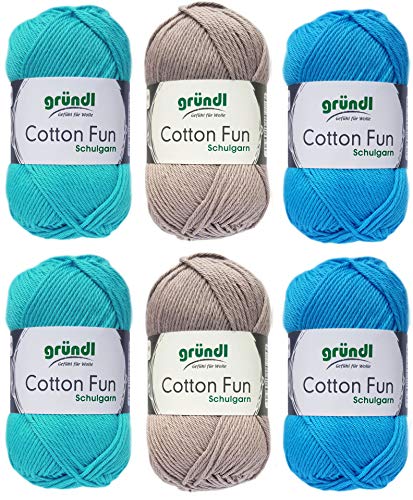 Gründl Cotton Fun - Hilo de ganchillo (6 x 50 g, incluye instrucciones detalladas para un cobaya, color azul y plateado Mix 600)