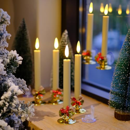 Image of NONNO & ZGF 6 Pack Flameless 8.7'' Window Candles with 12 AA Batteries(Include) +6 Bows(with Bells) +6 Suction Cups+6 Golden Candleholders. Battery Powered Ivory Taper Candle with Remote and Timer