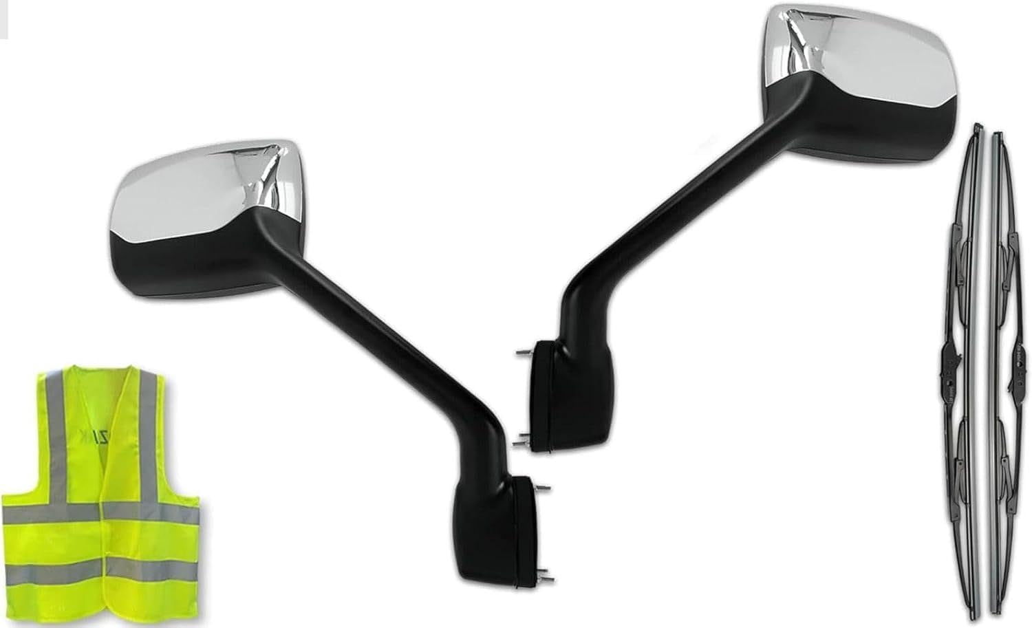Kozak Chrome Hood Mirrors Pair (Left Driver & Right Passenger Side) Compatible with Kenworth T680 2011-2021 PLUS Logo, 2x22" Windshield Wipers and KOZAK Vest