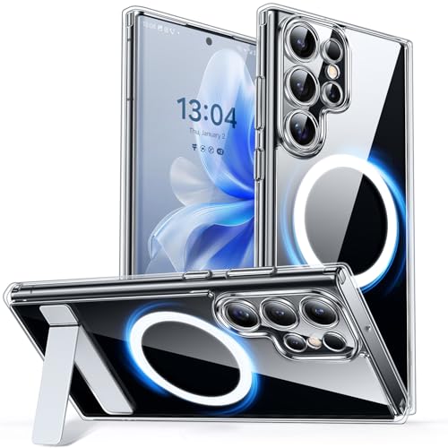 Image of CANSHN Strong Magnetic & Seamless Stand Designed for Samsung Galaxy S22 Ultra Case Clear [Full Camera Protection] [Adjustable Kickstand] [Compatible with MagSafe] Protective Phone Cover - Clear
