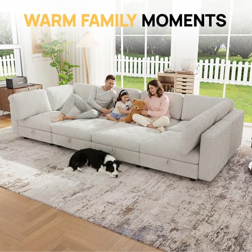 Image of 128 inch Modular Sectional Chenille Sofa bed with Hidden Storage, Comfy Modern 8 Seater Oversized Deep Seat Couch, Modular Sectional with Ottoman and Removable Cover for Living Room, Apartment, Beige