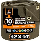 Xpose Safety Canvas Tarp - 10oz Olive Drab Canvas Tarps Heavy Duty Water Resistant with Brass Grommets- Multipurpose Outdoor Tarpaulin for Camping, Canopy, Trailer, Equipment Cover 12' x 14'