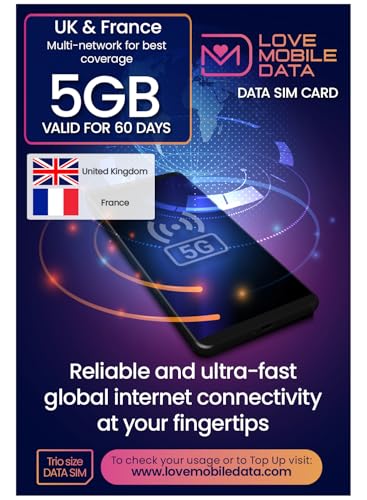 Love Mobile Data Only Sim Card - International Multi-Network 4G/5G Prepaid Pay As You Go Data Sim for Mobile Phones, WiFi Routers, & More, UK & France Coverage, 5GB for 60 Days