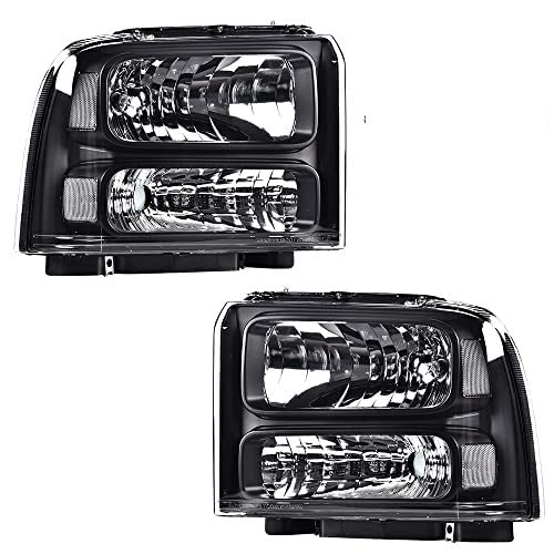 Pit66 Headlights, Compatible With 99-04 Ford F250 F350 F450 F550 Super Duty/00-04 Ford Excursion Clear Lens Black Housing Clear Reflector With Harness #TOP7