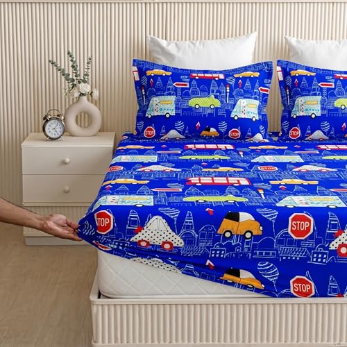 Image of Filymore Kids Blue Car Design Elastic Fitted Bedsheet for Double Bed (72x72 Inches), Pure Microfiber, 1 Bedsheet & 2 Pillow Covers, Fits up to 6 Inches, Blue and Red
