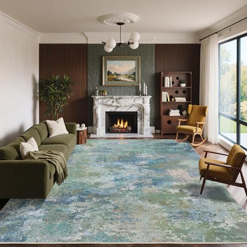 Image of BEIMO Area Rugs 8x10 for Living Room Bedroom, Modern Abstract Machine Washable Rug, Large Soft Low Pile Floor Carpet with Non Slip Backing for Dining Room, Blue Green