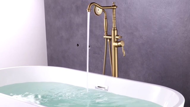 Grifo de bañera independiente, grifo de piso para bañera de baño, grifos de ducha para bañera independientes con rociador manual, acabado brushed gold miniatura 7