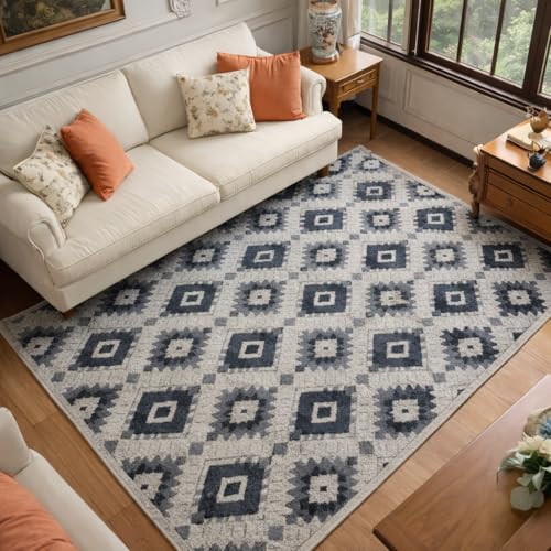 Image of HOMETHREADS Modern Light Luxury 5x7 Feet Area Rug | 11mm Thick Soft Anti-Fatigue Cushioned Carpet with Non-Slip Backing for Living Room, Bedroom, Studio, Lounge & Entrance(Tribal Grey, 210x150Cm)