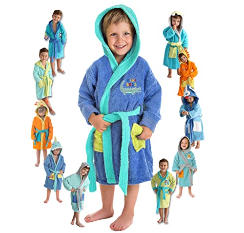 LEBENGOOD - Albornoz Niños Algodón: Niño, Infantil - 100% Algodón OEKO-TEX® - 2 Bolsillos, Cinturón, Capucha, Albornoces Felpa muy suave con bordados para niños (6-8, Coco Boss)