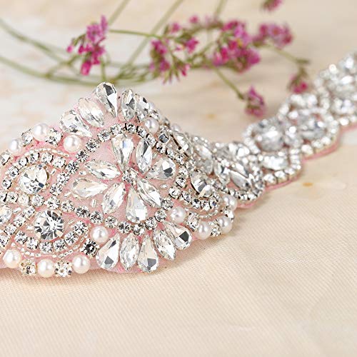 Crystal Applique with Blush Back Adhesive, FANGZHIDI Beaded Applique with Silver Rhinestone Claw- Best for DIY on Wedding Dress, Bridal Belt Sash