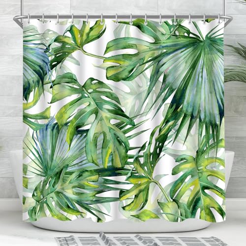 Lerores Rideau de douche 180 x 170 cm - Motif feuilles vertes - Ourlet lesté - Textile anti-moisissure - Imperméable - Lavable - En tissu polyester - Avec 12...