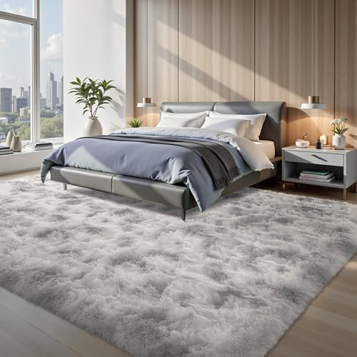 8x10 ft Rug for Living Room Fluffy Grey White Shag Rug Non-Slip Area Rugs Carpet for Bedroom Nursery Kids PlayRoom Dorm Office Indoor Modern Plush Carpets