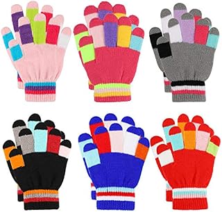 JUPSK Kids Gloves Winter Knitted Colorful Stripe Gloves Magic Full Finger Gloves Stretchy Warm Gloves for Boys and Girls, Unisex, 5-10 Years Old, 6 Pairs