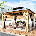YOLENY 11'x 13' Hardtop Gazebo, Wood Outdoor Gazebo, Polycarbonate Double Roof, Netting and Curtains, Patio Gazebo for Decks, Backyards, Lawns and Gardens