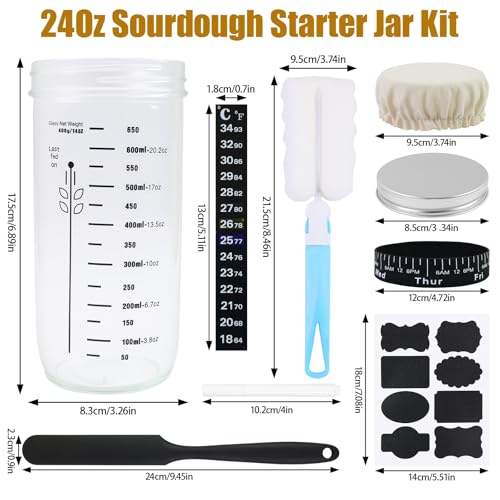 FORETOGO Sauerteig Starter Set,24Oz Sauerteig Fermentationsglas Set mit Spachtel,Thermometerband,Stoffüberzug und Datumsstreifen,Sauerteig Gärglas,Wiederverwendbar Brot Backen Zubehör