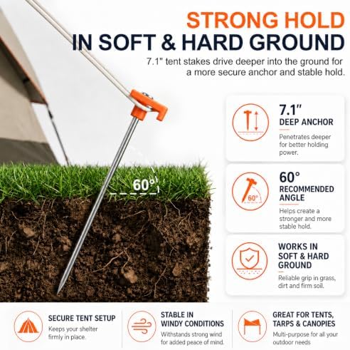 Heavy Duty Tent Stakes 7 Inch, 10 Pack Galvanized Steel Ground Stakes Rust-Resistant Metal Tent Pegs with High-Visibility Orange Heads,Tent Spikes for Camping, Canopy, Tarp and Garden Use - 3