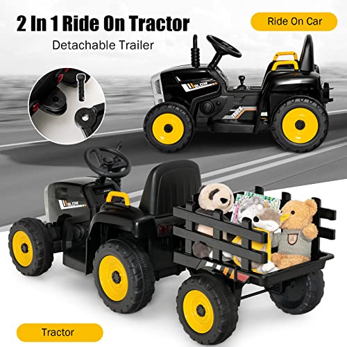 Image of Costzon Ride on Tractor with Detachable Trailer, Kids' Electric Vehicles w /3-Gear-Shift Ground Loader, Wireless Design & USB, 7 LED Headlights, Remote Control Tractor Toy for Kids 3+ (12V, Black)