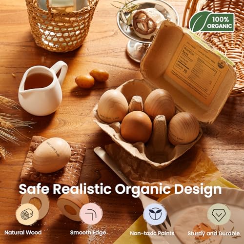 Image of Tiny Land Wooden Play Food for Kids Kitchen, Pretend Food Egg Set Toy
