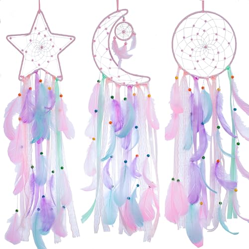 3 Pack Pink Star Moon Sun Dream Catcher - Dream Catchers for Girls,Girls Room Decor, Grils Bedroom Decoration (Pink)