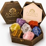 Anima Premium 7 Chakra Healing Crystals Set for Energy Alignment - Large Raw Amethyst, Rose Quartz, Citrine, Lapis Lazuli, Clear Quartz, Tigers Eye & Red Jasper - Wooden Gift Box & Guidebook Included