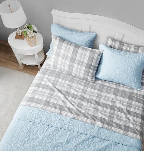 Image of Laura Ashley - Flannel Sheets Twin Size, Anti-Pilling & Wrinkle Resistant Cotton, Touchably Soft for All-Season Comfort - Bed Sheets with Matching Pillowcases & Fitted Sheet (Mulholland Plaid Grey)