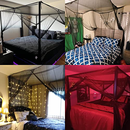 Bigomila Black Mosquito Net Four Corner Bed Canopy Queen Size Bed Curtains King Size Bed Drapes Four Sides Open Mesh Bed Canopy Girl Elegant Bed Decoration (Black) #TOP5