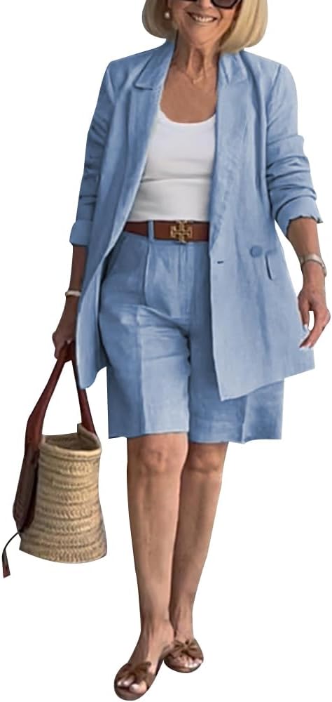 ZOCAVIA Womens Blazer Shorts Set Suit Set 2 Piece Dressy Short Sets Solid Open Front Long Sleeve Suit Jackets and Short Pants