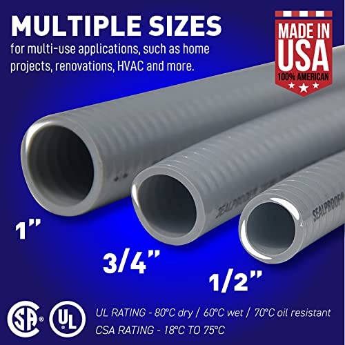 Sealproof 3/4-Inch Non-Metallic Liquid-Tight Conduit And Connector Kit, 25 Foot Made In Usa Flexible Electrical Conduit Type B With 4 Straight And 2 90-Degree Conduit Connector Fittings, 3/4" Dia #TOP5