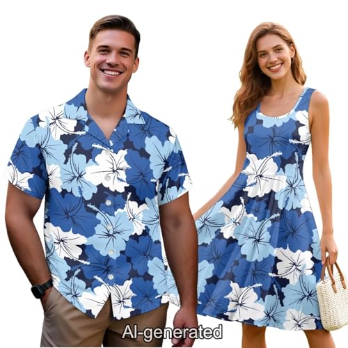Image of Dreaweet Summer Dresses for Women A-Line Sleeveless Flowy Sun Dresses,Men's Casual Button-Down Shirts,Couple Matching Outfits