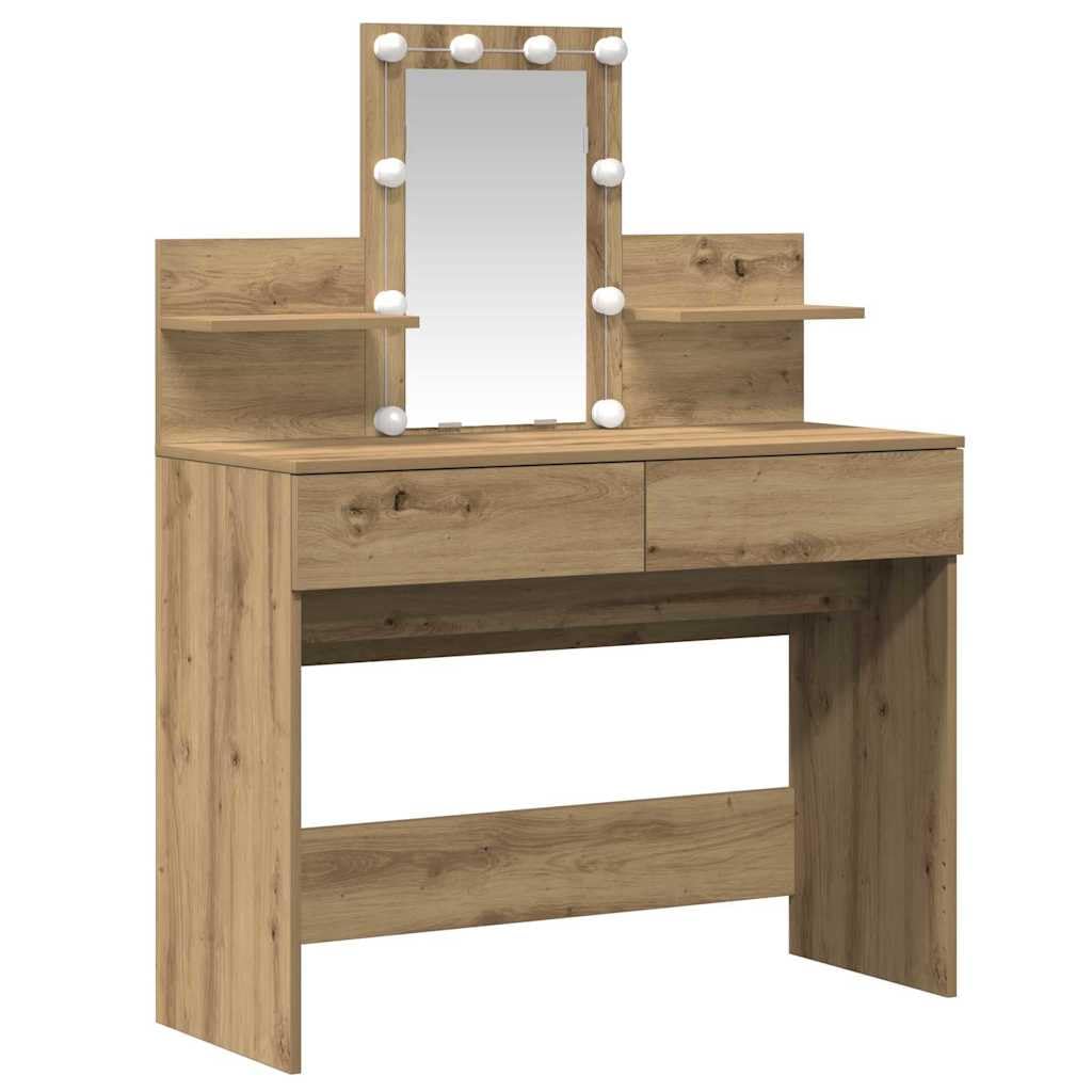 Toaletka Artisan dąb drewnopochodny, 100 x 40 x 130 cm, z oświetleniem LED, przestronne miejsce do przechowywania, 2 szuflady, 2 półki do sypialni, organizer na stół do makijażu