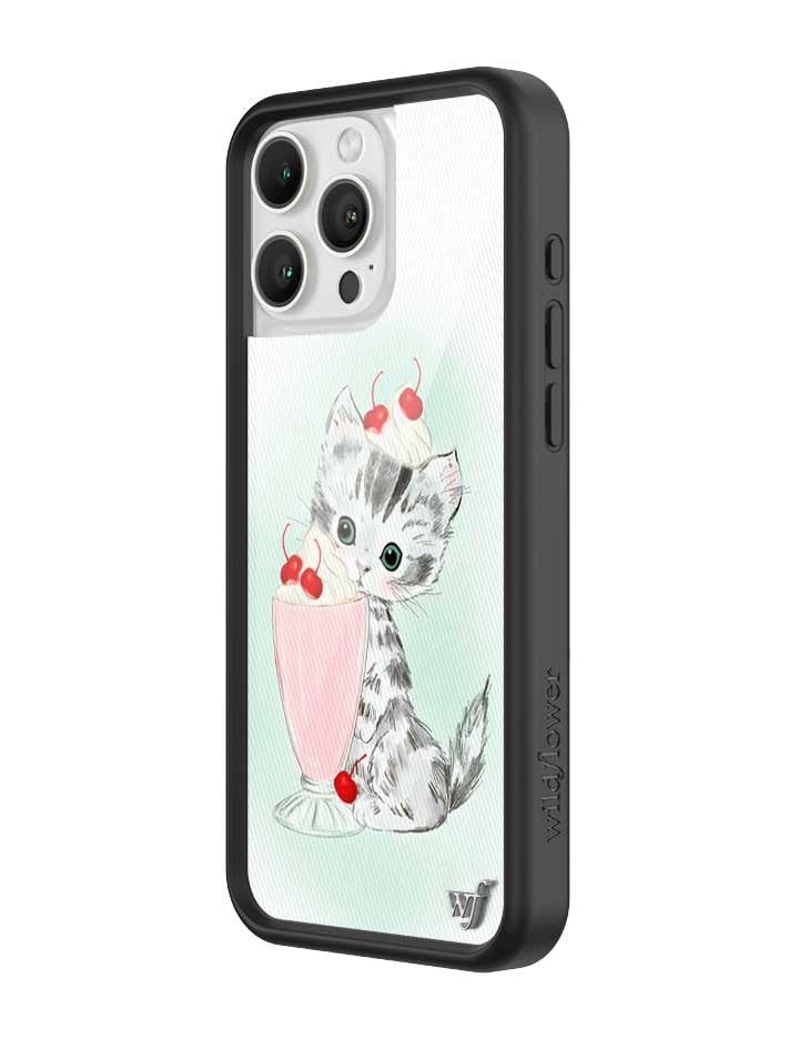 Image of Wildflower Cases - Compatible with iPhone 16 Pro Max | Protective Black Bumper, 6.5ft Drop Test Certified, Women Owned Small Business | Cat Cherries Blue Red Aesthetic Trendy Cute | Kitty Shake