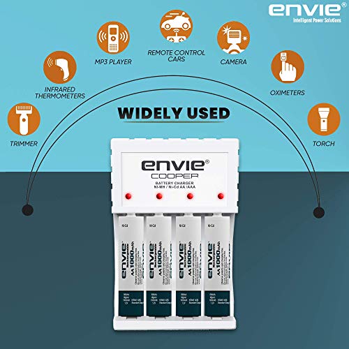 Image of ENVIE (ECR 20 MC+4xAA1000) Standard Rechargeable Battery Charger for AA & AAA Ni-mh /Ni-Cd, LED Indicator, 600MA Output Current, with 4xAA1000 Rechargeable Batteries