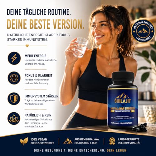 Shilajit Mumijo Kapseln – Himalaya Shilajit Extrakt – 180 vegane Kapseln – mit Fulvinsäure, Huminsäure, Mineralien & Spurenelementen