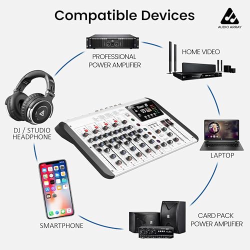 Image of Audio Array Sound Mixer | Audio Mixer 8 Channel Hybrid USB Mixing Console with BT 4 XLR Mic Inputs | 192kHz /24-Bit OTG Recording | 99 DSP Effects | Phantom Power | Hi-Z Support & USB-C Connectivity