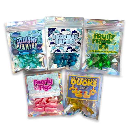 50 Bath Pearls - Animal Bath Bundle 10 x Pigs, 10 x Dolphins, 10 x Frogs, 10 x Ducks, 10 x Fish Bath Oil Beads, Fun Gift for her, Fun Gift for Teenagers who Love Skincare Products. Biodegradable.