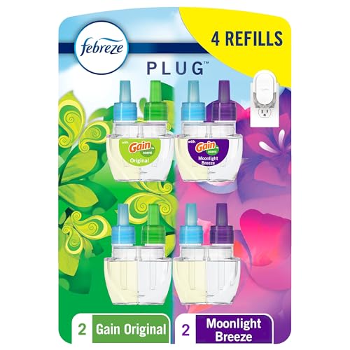 Febreze - Febreze Plug In Air Freshener, Odor-Fighting Scented Oil Refill, Home and Bathroom and Kitchen, Long Lasting for Strong Odors, Gain Moonlight Breeze & Gain Original Scents, Refills, 4 Count - -20%