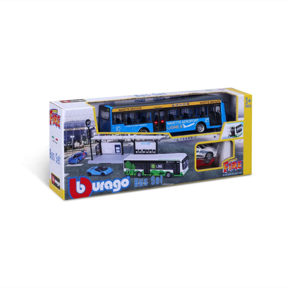 BBURAGO 1/64 TRASPORTI PUBBLICS - Playset City Bus + Station + 2 veicoli, blu o verde