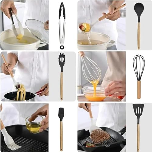 Kit 12 Utensílios De Cozinha Em Silicone E Cabo De Madeira Resistente ao Calor Antiaderente Premium